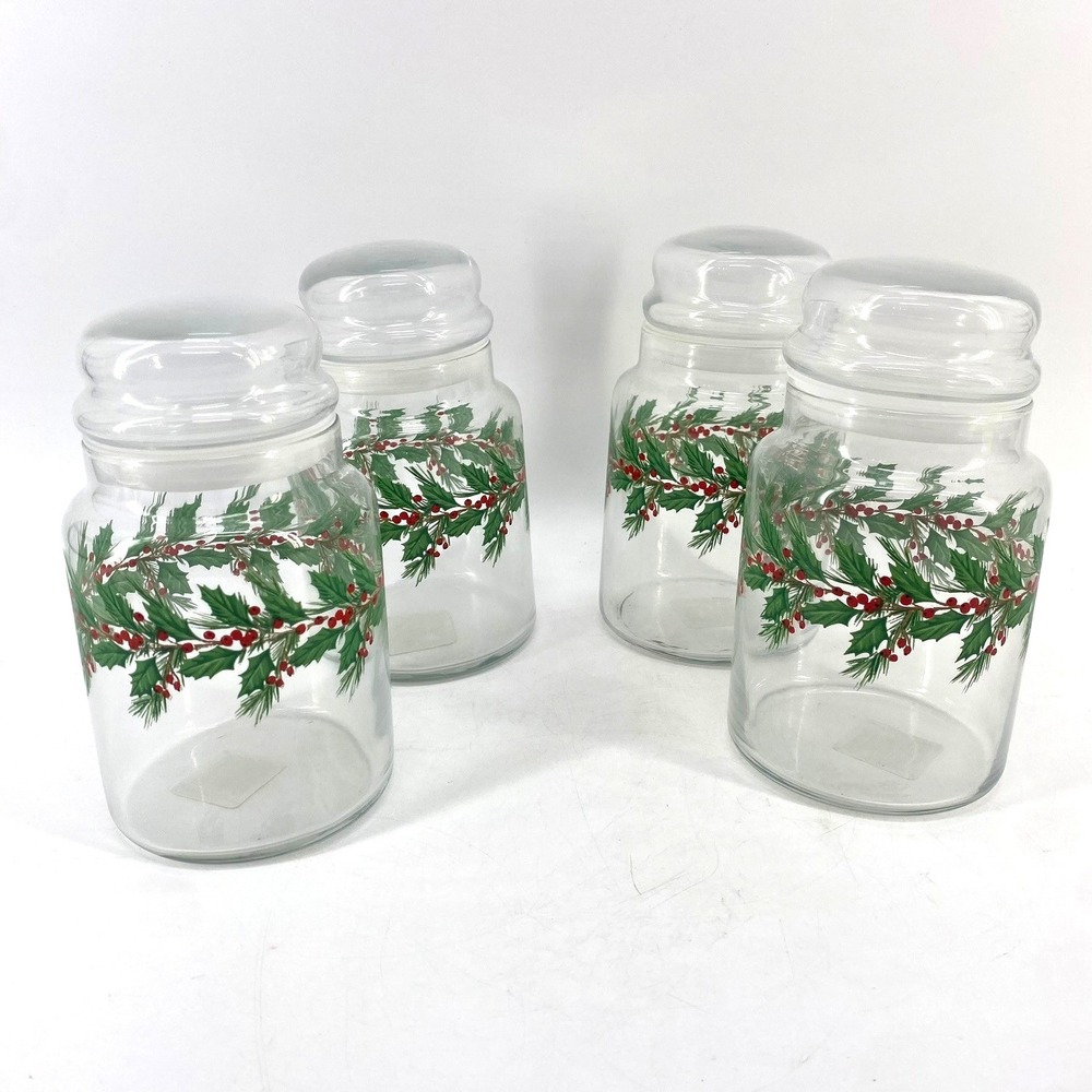 Vintage Libbey Christmas Holly Berry Glass Jars with Lids Set of 4 USA Made